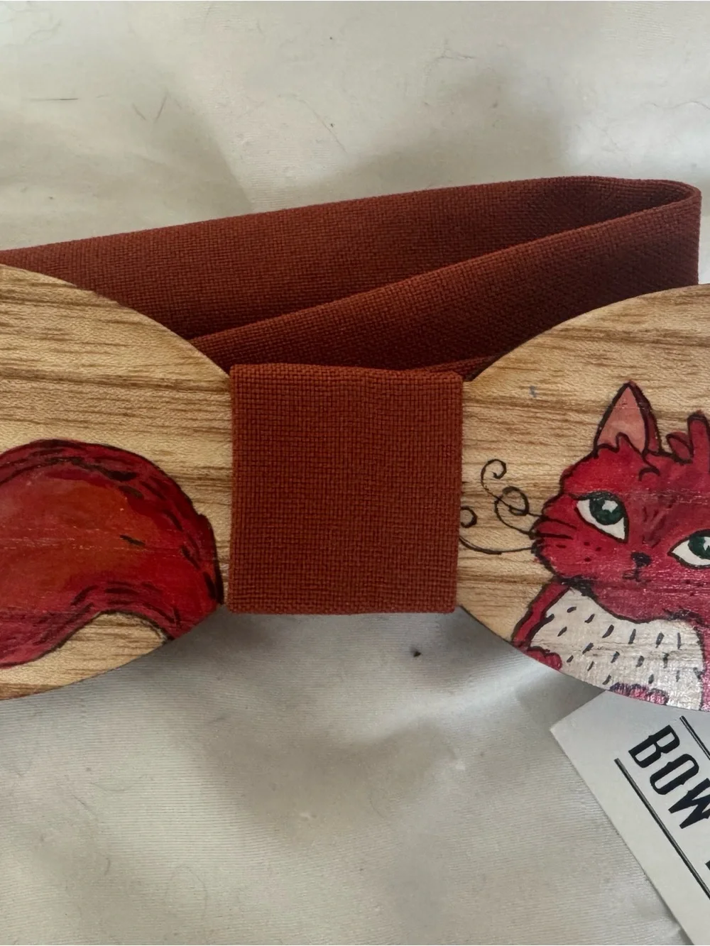 Hand-Painted Red Fox Kids Wooden Bow Tie with Elastic Band